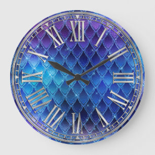 Grande Horloge Ronde Écales de dragon pailletées bleu et argent 