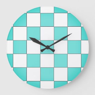 Grande Horloge Ronde Échecboard Cyan Vert