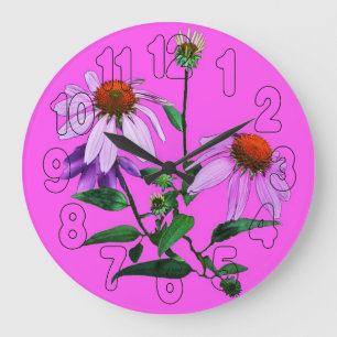 Grande Horloge Ronde Échinacée Pourpre Sur Fond Rose