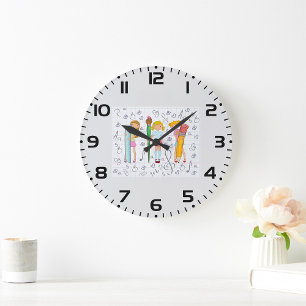 Grande Horloge Ronde Écolières avec papeterie scolaire surdimensionnée