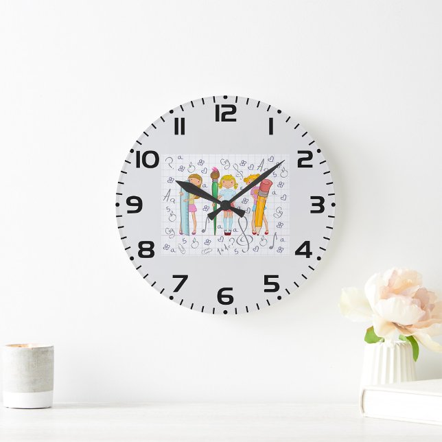 Grande Horloge Ronde Écolières avec papeterie scolaire surdimensionnée (Créateur téléchargé)