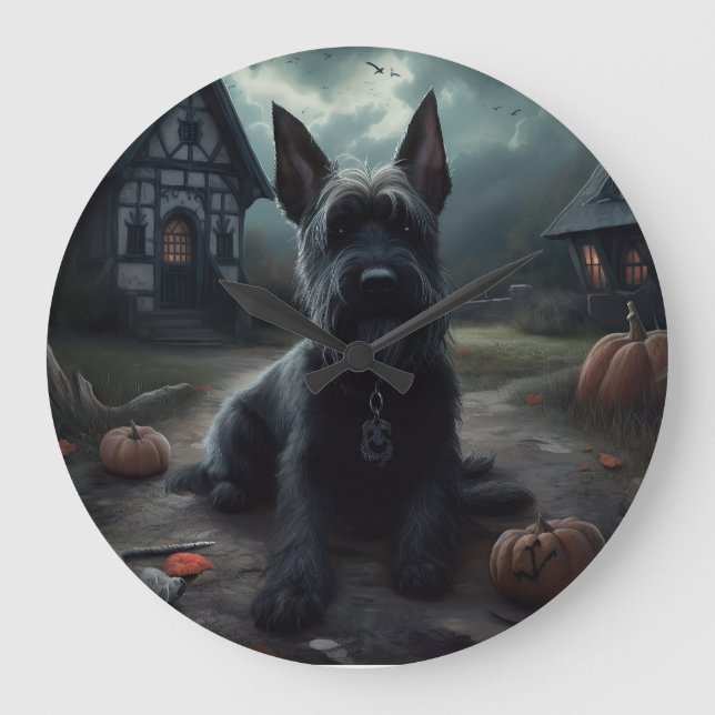 Grande Horloge Ronde Ecosse Terrier Citrouille Halloween effrayant (Recto)