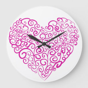 Grande Horloge Ronde Écriture spirale coeur rose pour la Saint Valentin
