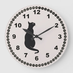 Grande Horloge Ronde Écru avec chat noir et visage moderne