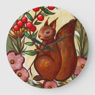 Grande Horloge Ronde Écureuil et écureuil rouge hivernal Holly
