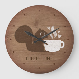 Grande Horloge Ronde Écureuil mignon au café   Whimsical Animal Art