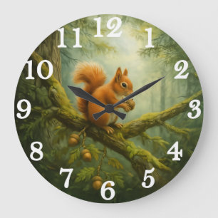 Grande Horloge Ronde Écureuil roux en bois enchanté
