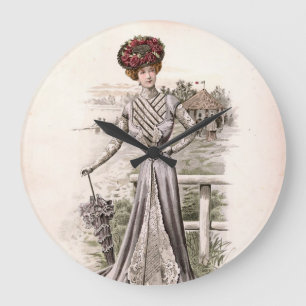 Grande Horloge Ronde Edwardian Lady Avec Parapluie Vintage Mode