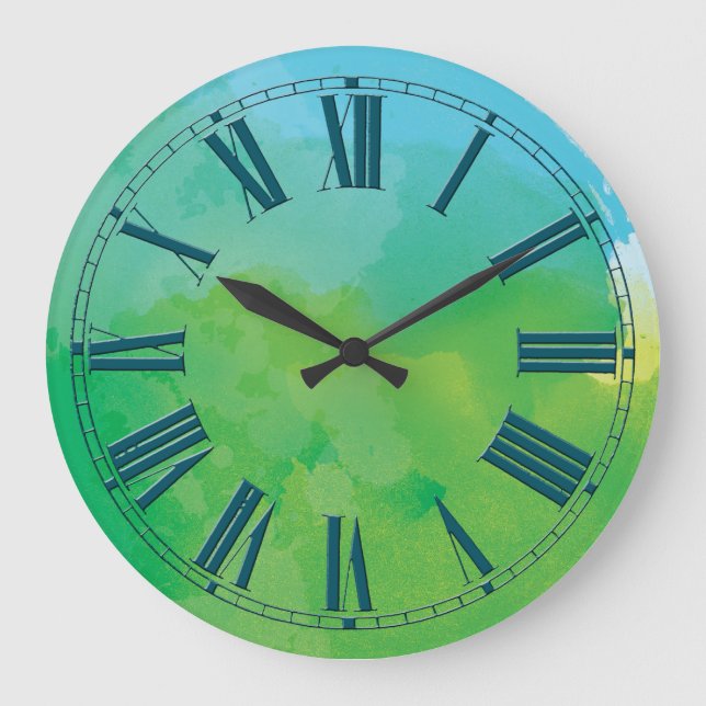 Grande Horloge Ronde Effet Aquarelle bleue et verte (Recto)