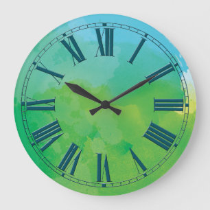 Grande Horloge Ronde Effet bleu et vert d'aquarelle