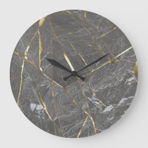 Grande Horloge Ronde Effet marbre gris avec fines veines dorées