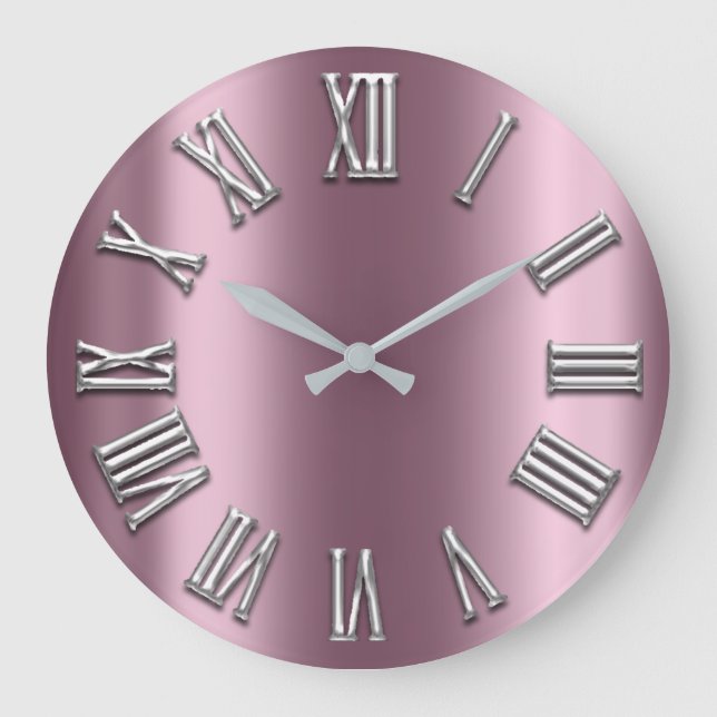 Grande Horloge Ronde Eggplant Blush Grey Métal Gris Argent Roman Nombre (Recto)