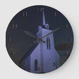 GRANDE HORLOGE RONDE ÉGLISE DE PAYS SOUS LES ÉTOILES