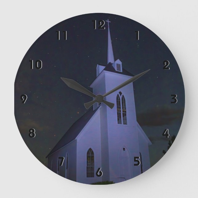 GRANDE HORLOGE RONDE ÉGLISE DE PAYS SOUS LES ÉTOILES (Recto)