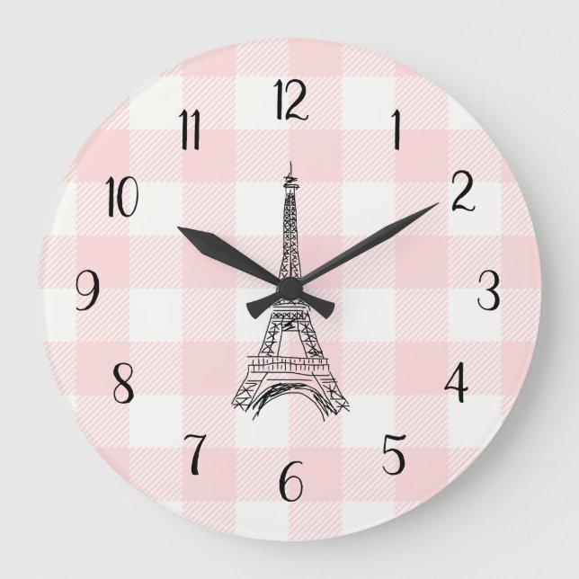 Grande Horloge Ronde Eiffel Tower French Country Pink Gingham Pattern (Recto)