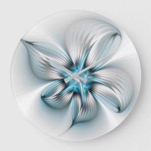 Grande Horloge Ronde Élégance florale Art moderne Abstrait bleu fractal