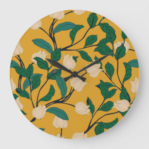Grande Horloge Ronde Élégance florale : Motif feuillus Vintage.