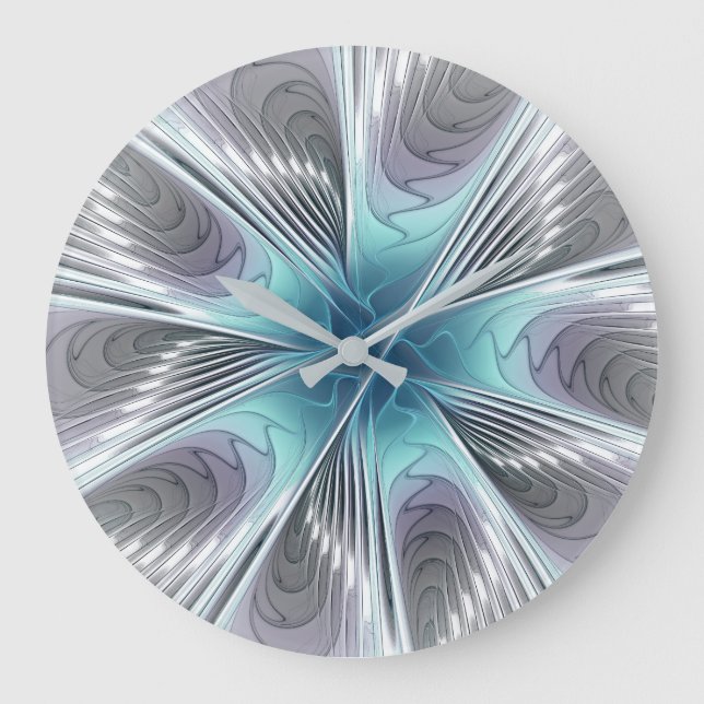 Grande Horloge Ronde Elegance Modern Blue Gray White Fractal Art Flower (Recto)