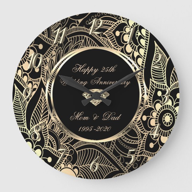 Grande Horloge Ronde Élégant 25e anniversaire de Mariage Mandala (Recto)