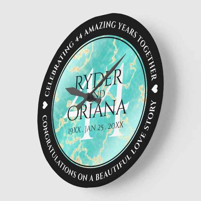 Grande Horloge Ronde Élégant 44ème anniversaire de Mariage turquoise (Angle)