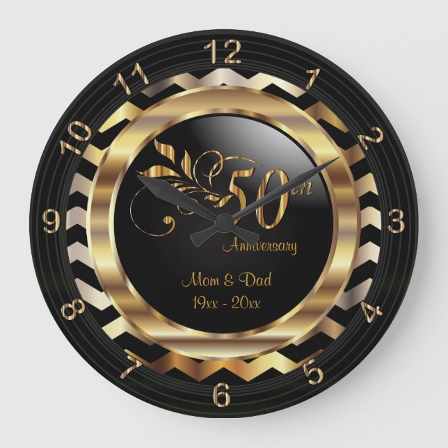 Grande Horloge Ronde Elégant 50e Gold Chevron Anniversaire Design (Recto)