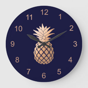Grande Horloge Ronde Élégant ananas Rose Faux sur bleu marine