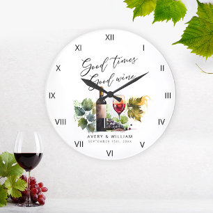 Grande Horloge Ronde Elégant Aquarelle Vin Nouveaux mariés