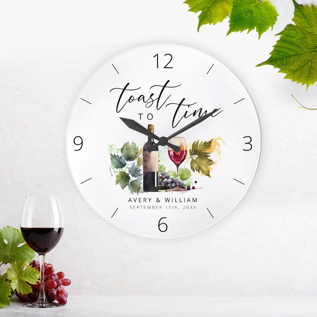 Grande Horloge Ronde Elégant Aquarelle Vin Thème Couple Noms (Créateur téléchargé)