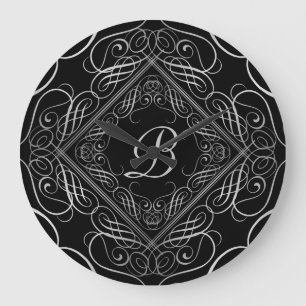 Grande Horloge Ronde Elégant Argent Foil Look Filigree Scrollwork Noir