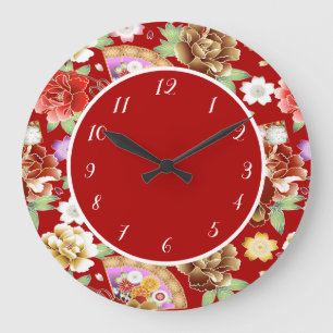 Grande Horloge Ronde Élégant art japonais asiatique Fan floral rouge