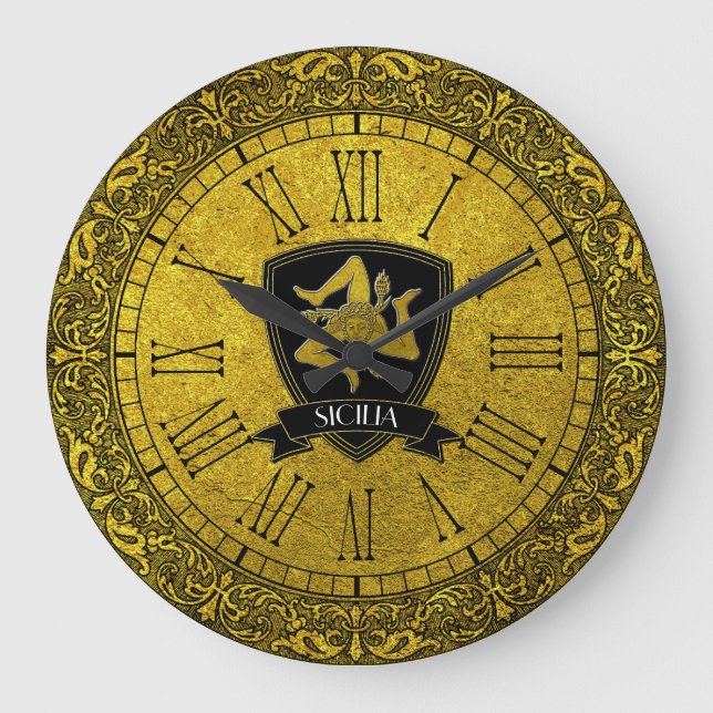 Grande Horloge Ronde Élégant Baroque Gold Sicilian Trinacria (Recto)