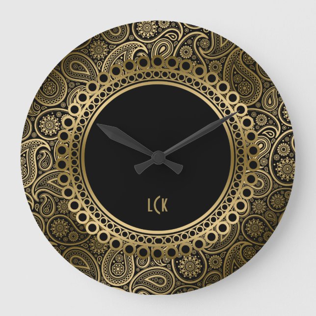 Grande Horloge Ronde Elegant Black And Gold Paisley Ornate Frame (Recto)