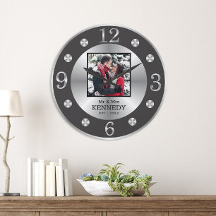 Grande Horloge Ronde Elegant Black And Silver Custom Nom Photo Wedding