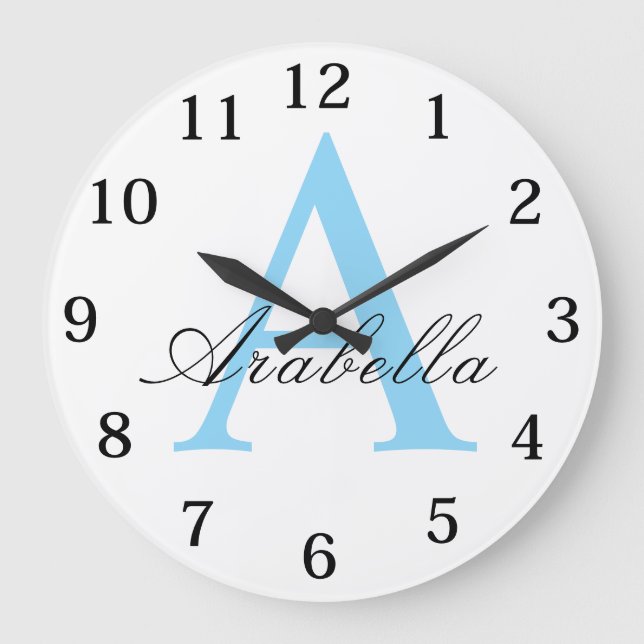 Grande Horloge Ronde Elegant Black Blue  Personalized Monogram  Name  (Recto)