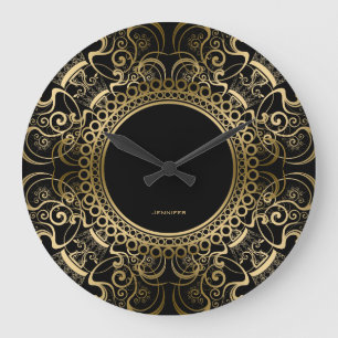 Grande Horloge Ronde Elegant Black & Gold Floral Frame