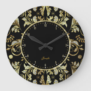 Grande Horloge Ronde Elegant Black & Gold Glitter Floral Damas 2