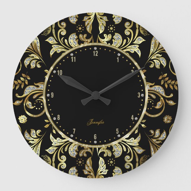 Grande Horloge Ronde Elegant Black & Gold Glitter Floral Damas 2 (Recto)