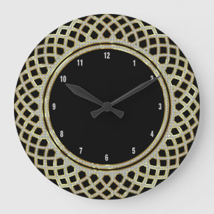 Grande Horloge Ronde Elégant Black Gold & Parties scintillant Motif géo