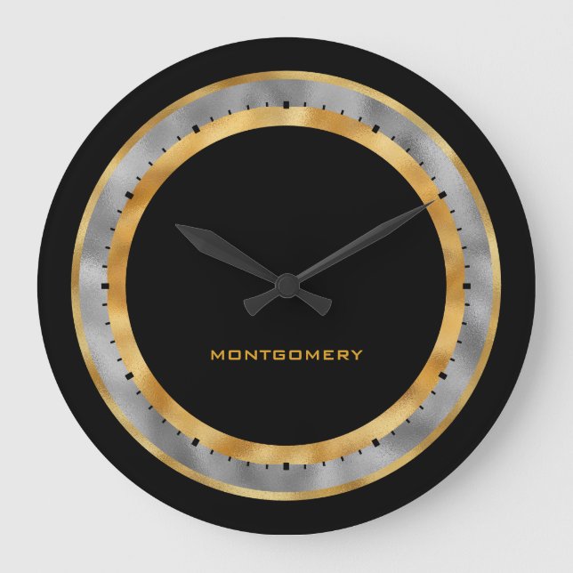 Grande Horloge Ronde Elégant Black Gold Silver Foil Personnalisé (Recto)