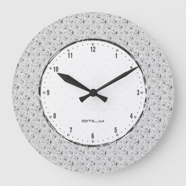 Grande Horloge Ronde Élégant Blanc FauxGlitter Et Étincelle Grande Horl (Recto)