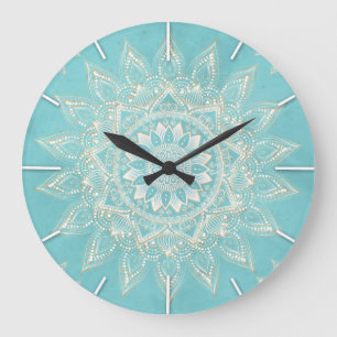 Grande Horloge Ronde Elégant Blanc Gold Mandala Sky Blue Design
