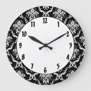 Grande Horloge Ronde Elégant blanc sur noir Damask