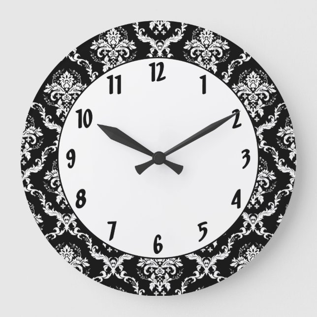 Grande Horloge Ronde Elégant blanc sur noir Damask (Recto)