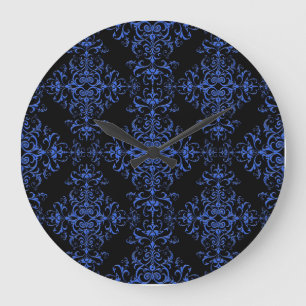 Grande Horloge Ronde Elégant bleu et noir floral Damask Style Motif
