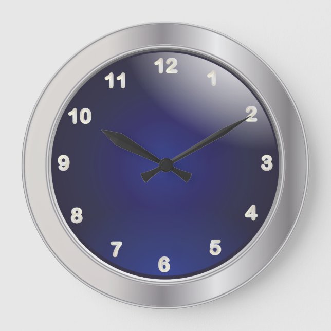 Grande Horloge Ronde Elégant Bleu & Métal Argent avec chiffres blancs (Recto)