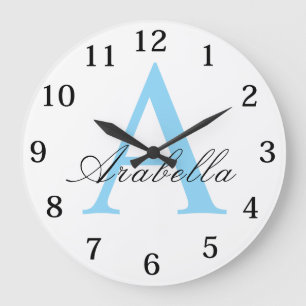 Grande Horloge Ronde Élégant Bleu Noir Monogramme Personnalisé Nom