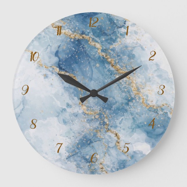 Grande Horloge Ronde Elegant Blue Gold Glitter Abstract Flow            (Recto)