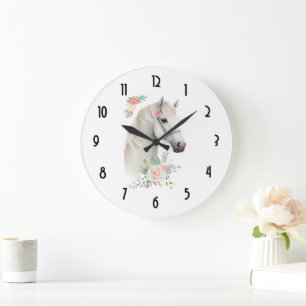 Grande Horloge Ronde Élégant Boho Cheval Blanc Floral
