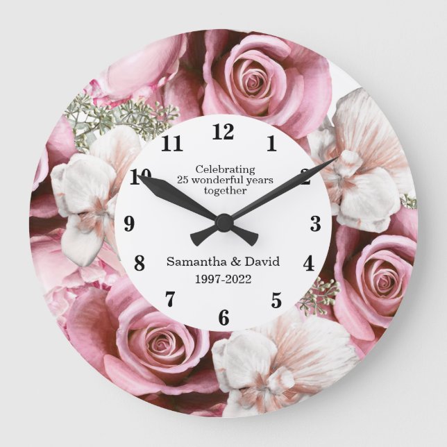 Grande Horloge Ronde Élégant cadeau d'anniversaire de Mariage Floral   (Recto)