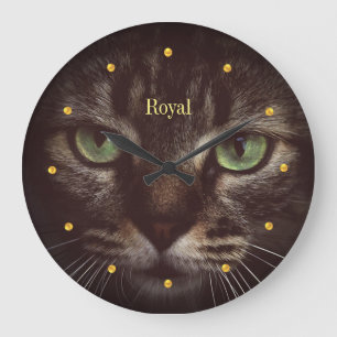 Grande Horloge Ronde Élégant chat tabby et points dorés